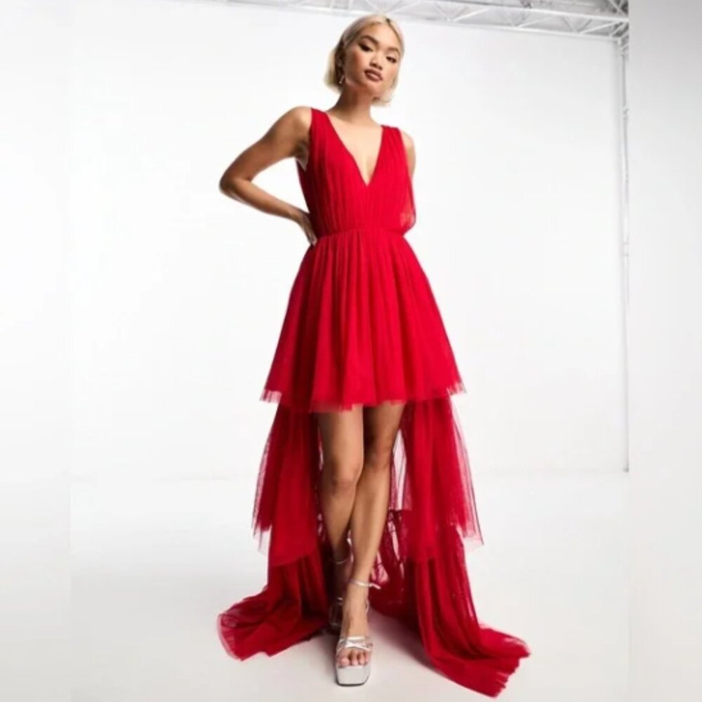 Lace & Beads tulle high low plunge maxi dress with tiered skirt in red